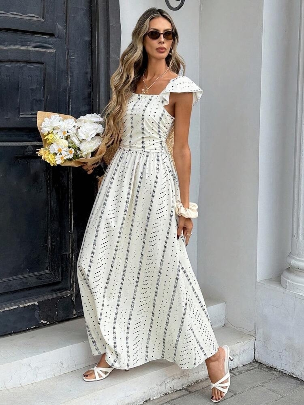 Women’s Cream Maxi Dress with Delicate Stripe Print